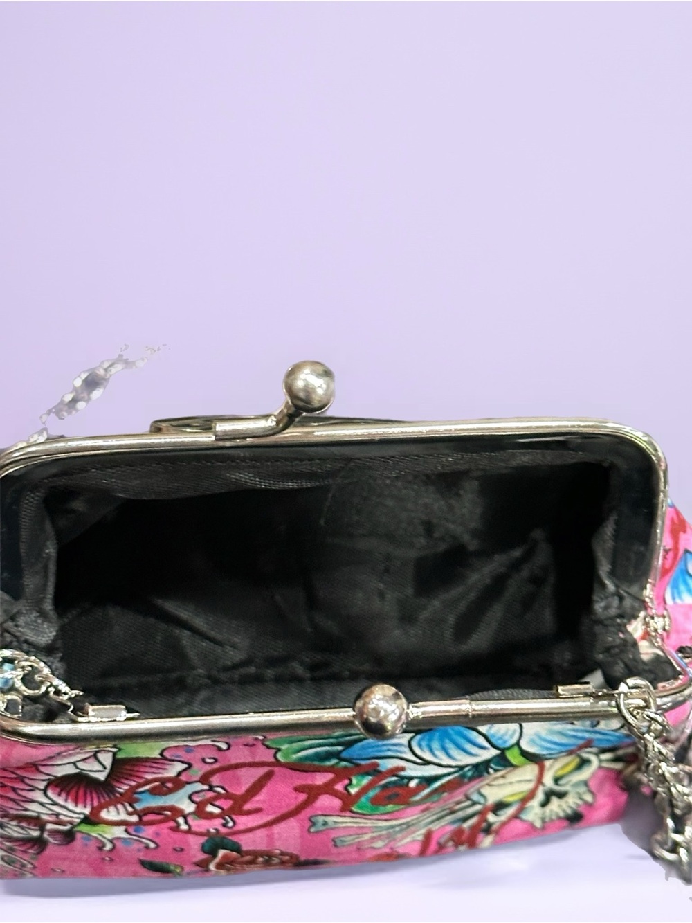 Ed Hardy Pink Floral Mini Crossbody with Silver Chain - Picture 4 of 4